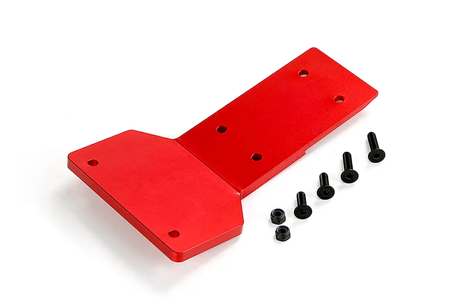 A red anodized aluminium front skid plate for an RC car, shown with four black hex screws and two lock nuts on a white background.