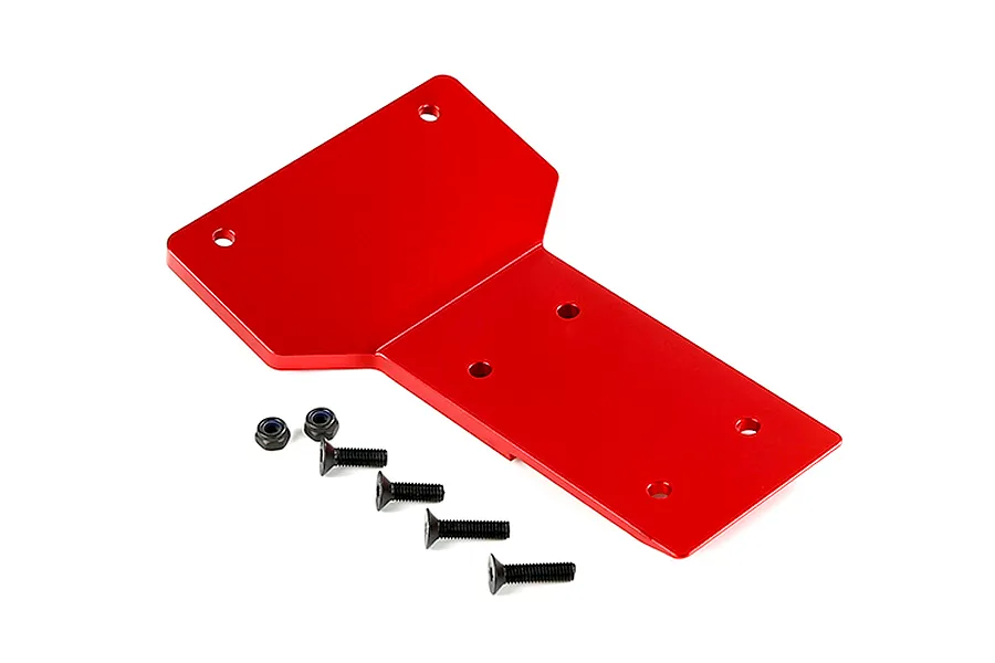 A red anodized aluminium front skid plate for an RC car, shown with two lock nuts and four flat-head screws on a white background.