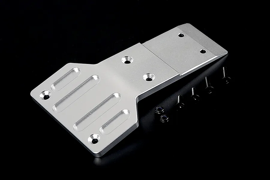 Rovan silver aluminium front skid plate for RC cars with included black screws and lock nuts on a black background.