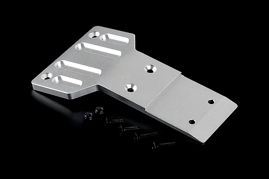 A silver aluminium front skid plate for an RC car, shown with four black screws and two nuts on a black background.