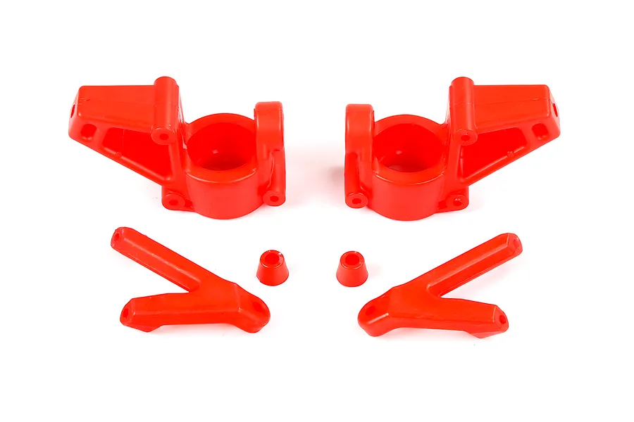 A set of bright red Rovan nylon RC front steering hubs and associated suspension components on a white background.