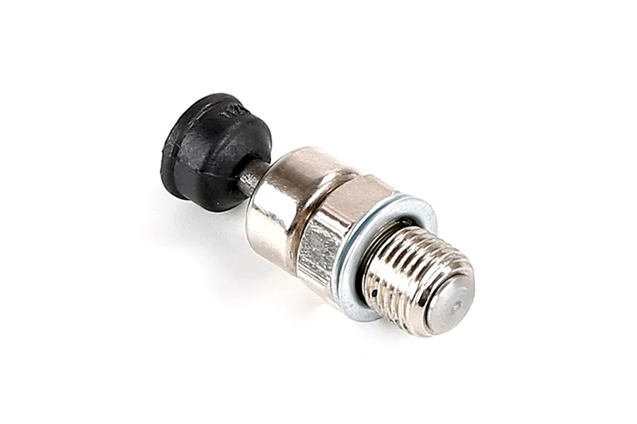 A Rovan Baja 71cc pressure reducing valve featuring a metal threaded body and a black rubber cap.