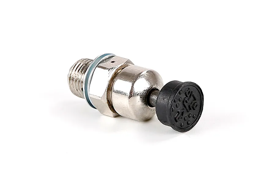 A Rovan Baja 71cc pressure reducing valve featuring a silver metal threaded body and a black rubber push-button cap.