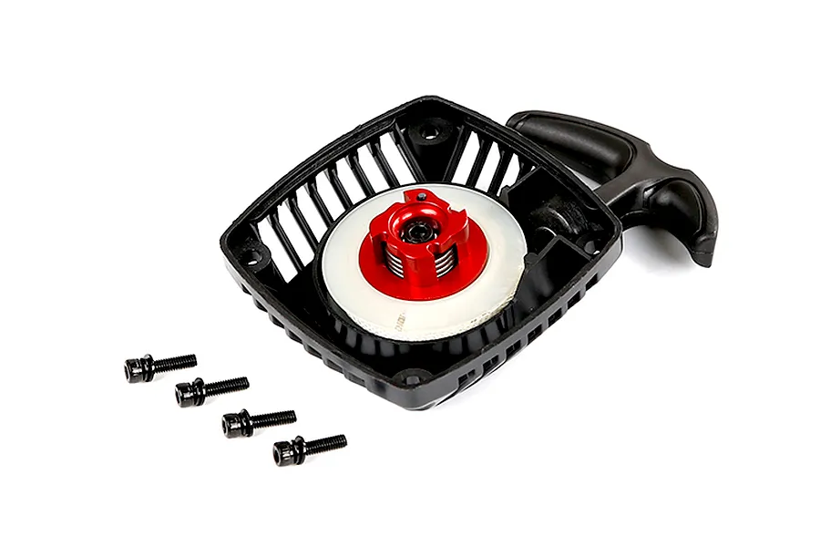Rovan pull start assembly for 1/5 scale RC engines, featuring a black plastic housing, red metal starter cup, and four mounting screws.