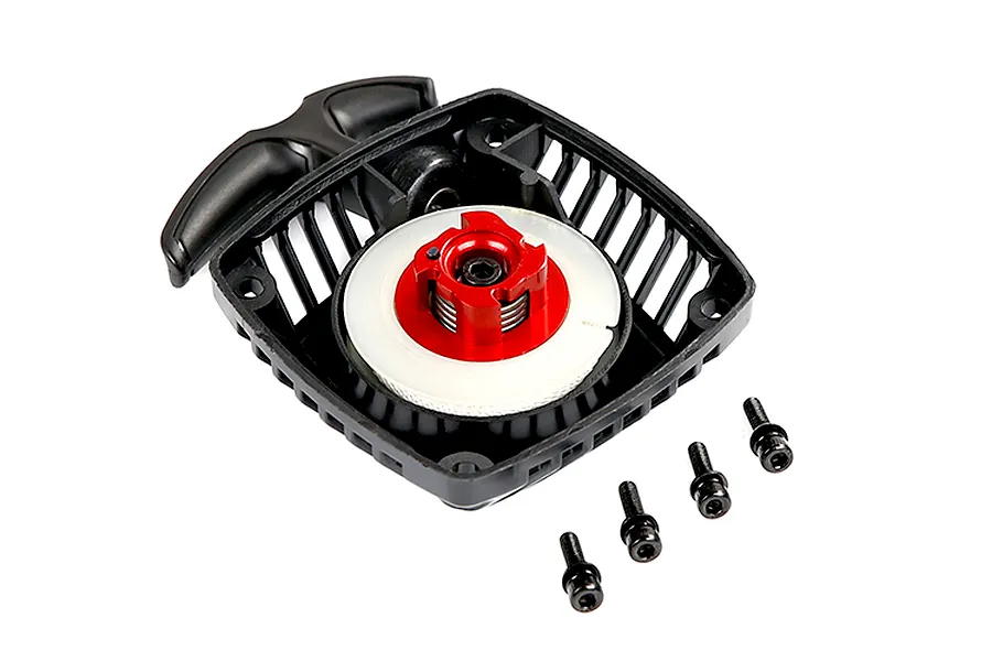 A black plastic pull start assembly for a 1/5 scale RC engine, featuring a red anodized metal center hub and four included mounting screws.