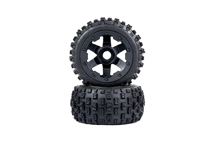 Two Rovan Baja 5B rear Wasteland tyres mounted on black six-spoke beadlock rims, stacked vertically against a white background.