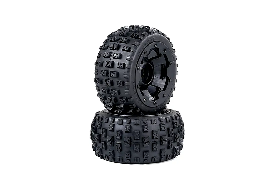 Two Rovan Baja 5B rear Wasteland tyres mounted on black beadlock rims stacked vertically against a white background.