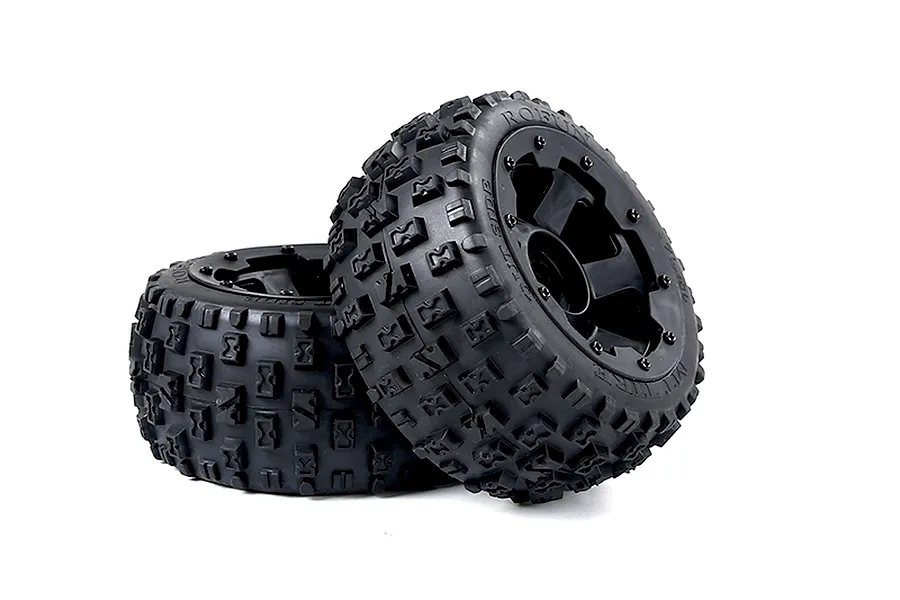 Two Rovan 1/5 scale RC buggy rear wheels with black beadlock rims and aggressive Wasteland tread pattern tires against a white background.