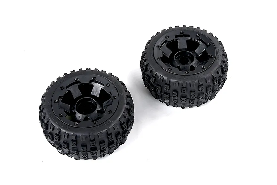 Two Rovan Baja 5B rear Wasteland tyres mounted on black beadlock rims, viewed from an elevated angle against a white background.