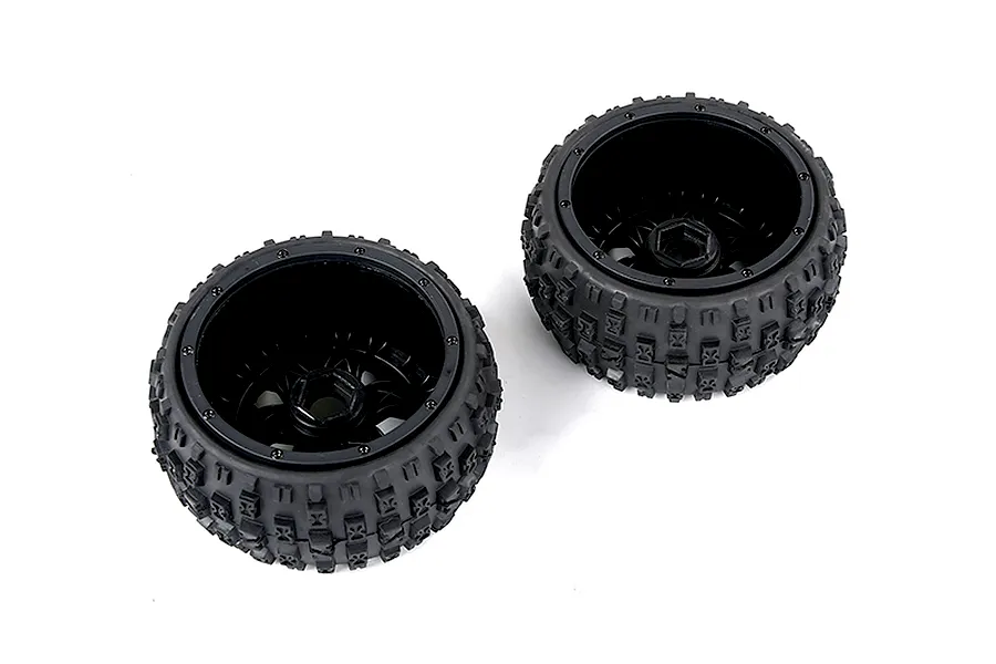 Two Rovan Baja 5B rear Wasteland tyres mounted on black beadlock rims, shown from an angled perspective on a white background.