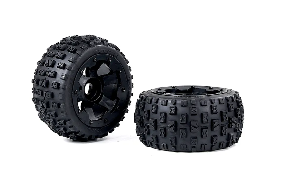 Two Rovan Baja 5B rear Wasteland tyres mounted on black beadlock rims, shown from side and angled views against a white background.