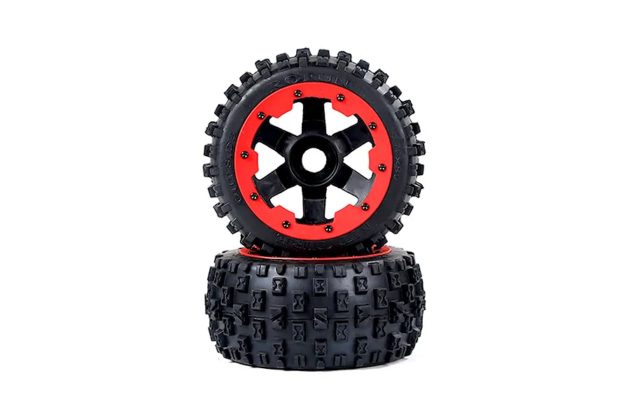 Two Rovan Wasteland 2nd Gen RC buggy rear tyres mounted on black and red six-spoke rims, stacked vertically against a white background.