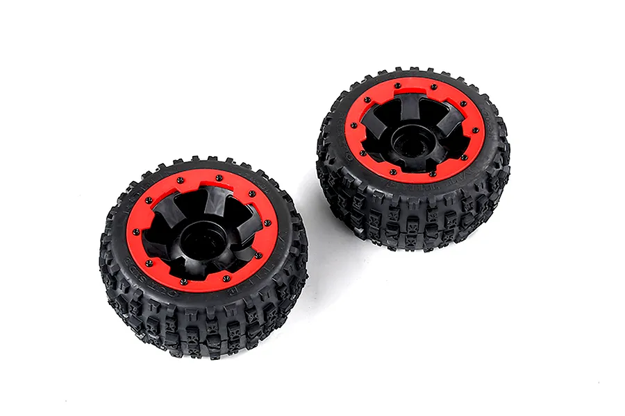 Two Rovan Wasteland 2nd Gen RC buggy rear tyres mounted on black and red beadlock-style rims, viewed from a high angle against a white background.
