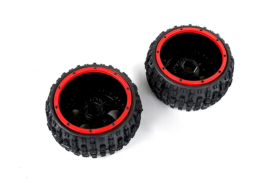 Two Rovan Wasteland 2nd Gen RC buggy rear wheels with black knobby rubber tyres and black rims featuring red beadlock-style rings.