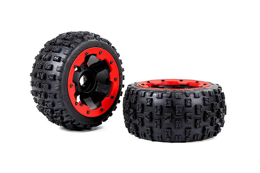Two Rovan Wasteland 2nd Gen RC buggy rear wheels with black knobby tires and red beadlock-style rims against a white background.