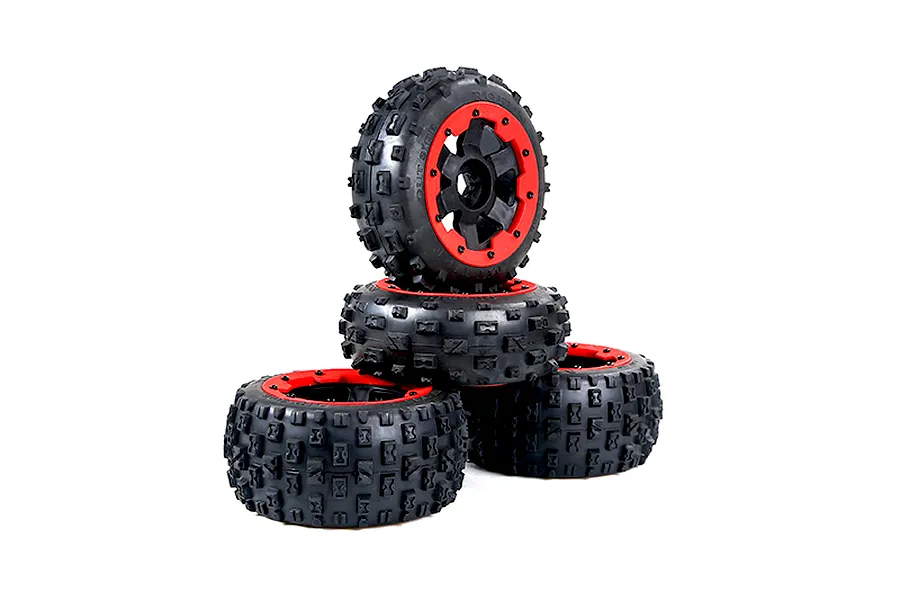 A stack of four Rovan Baja 5B off-road RC buggy wheels with black knobby tires and red beadlock-style rims against a white background.