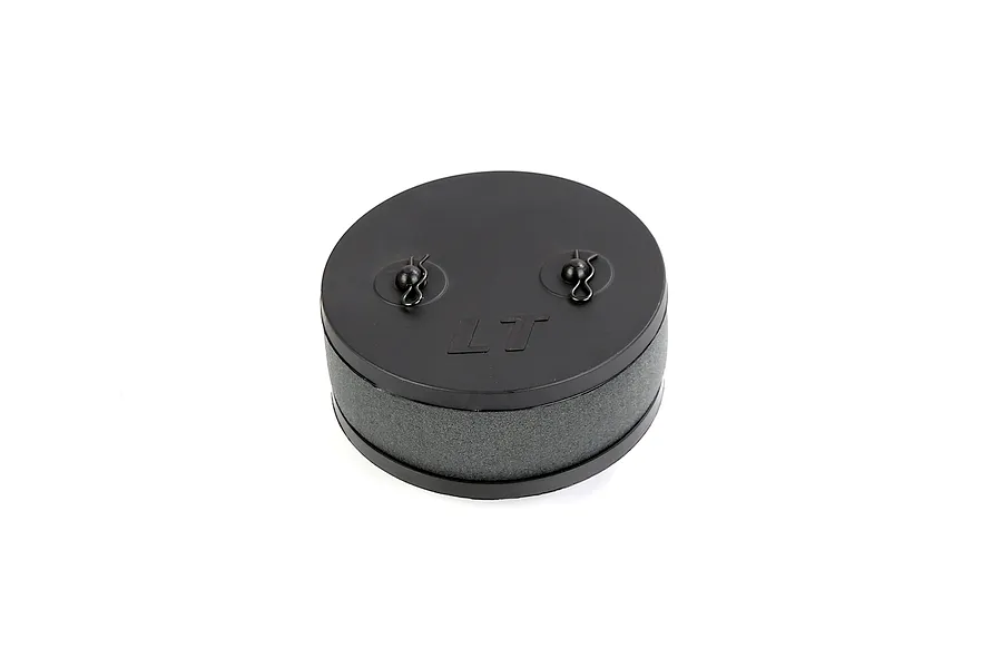 A black Rovan LT air filter assembly for RC engines, featuring a circular plastic cover with two retaining clips and a grey foam filter element.