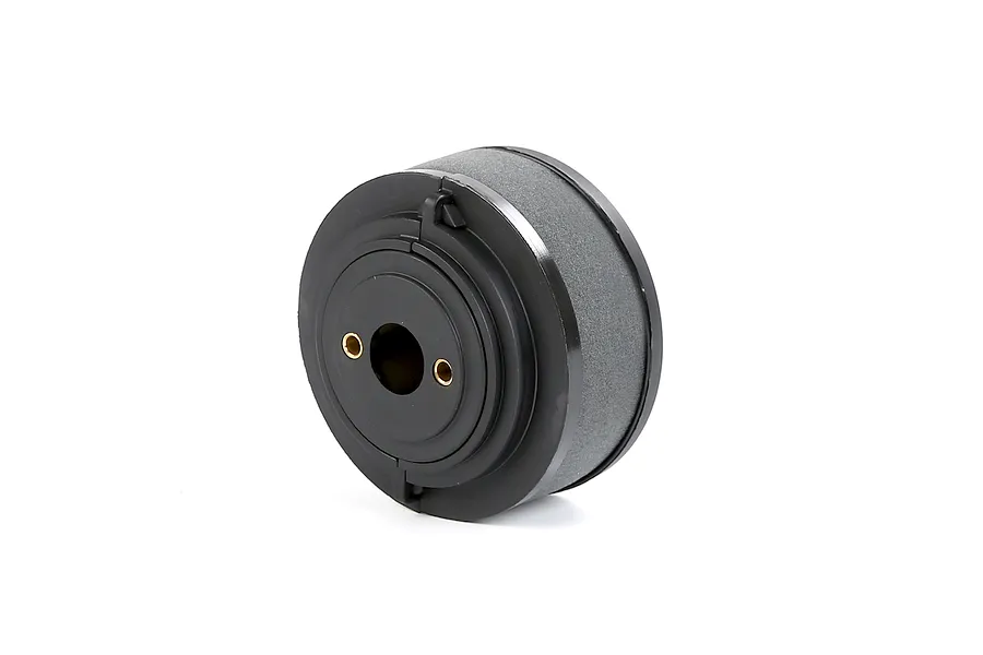 A black Rovan LT air filter assembly with a cylindrical foam element and a plastic mounting base featuring two brass-lined screw holes.