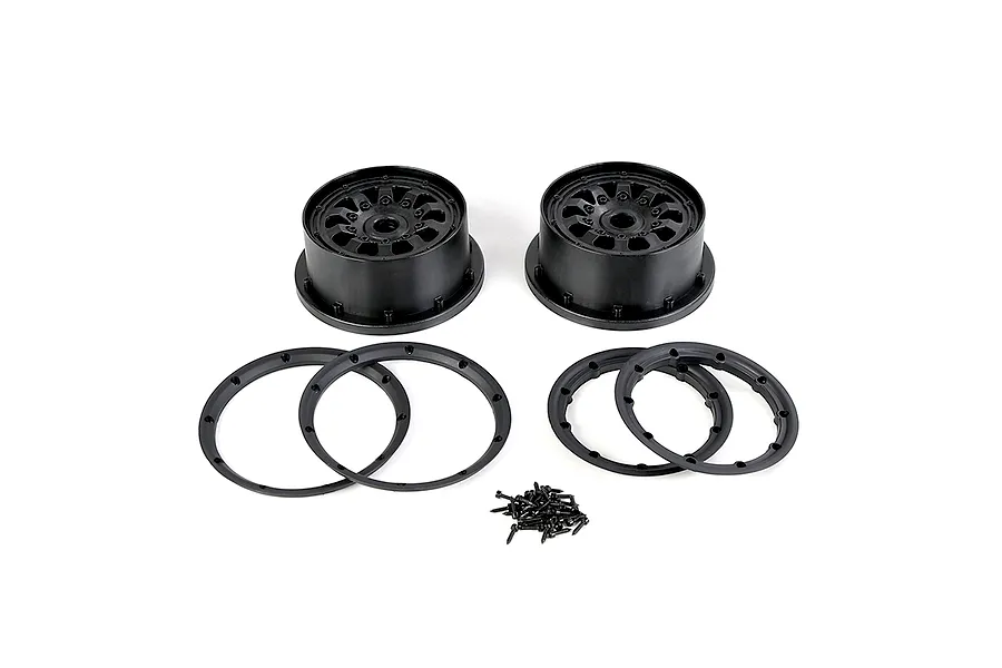 A set of two black Rovan Generation 4 RC wheel hubs with four beadlock rings and a small pile of black mounting screws on a white background.