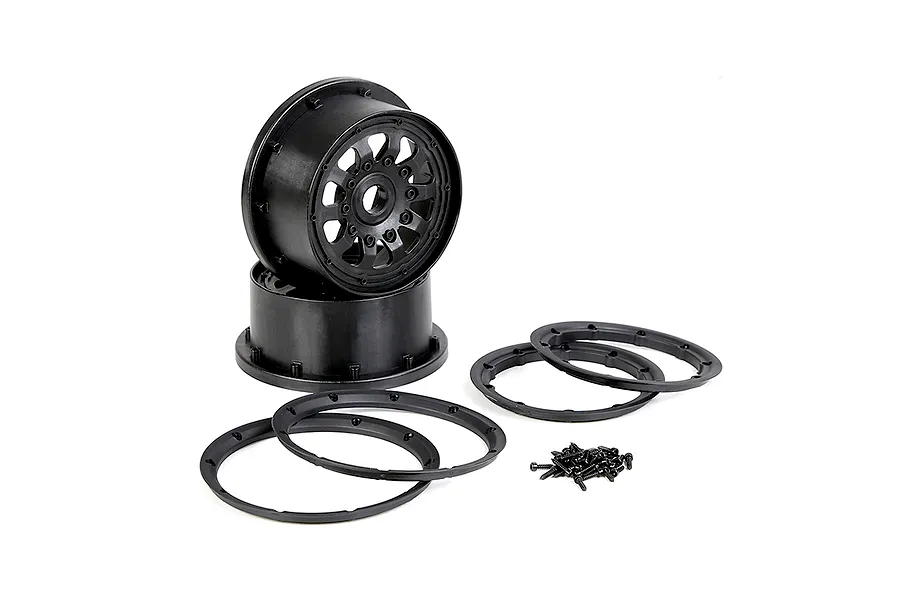 A set of black Rovan Generation 4 RC wheel hubs, including two wheel rims, two beadlock rings, and a small pile of mounting screws on a white background.