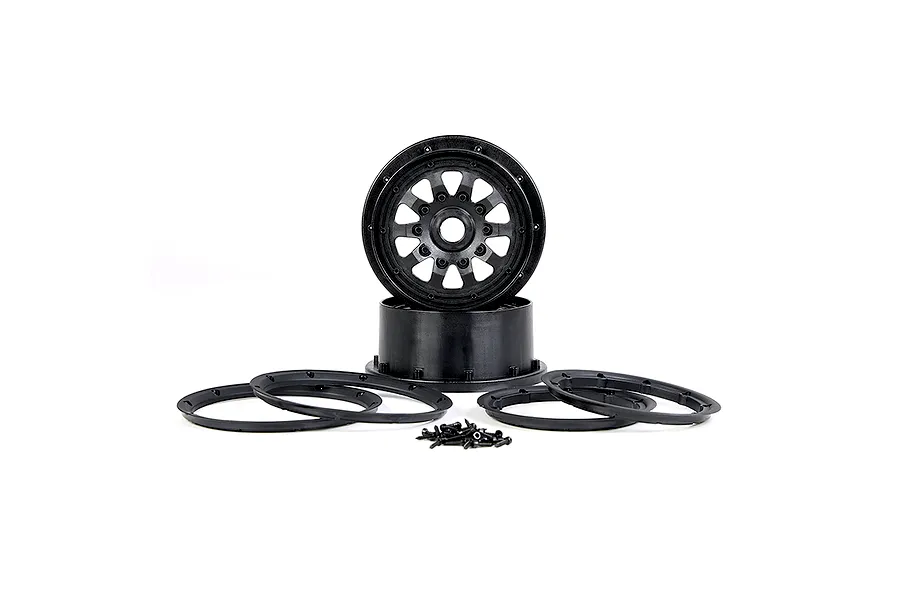 A set of black Rovan Generation 4 RC wheel hubs, including rims, beadlock rings, and mounting screws on a white background.