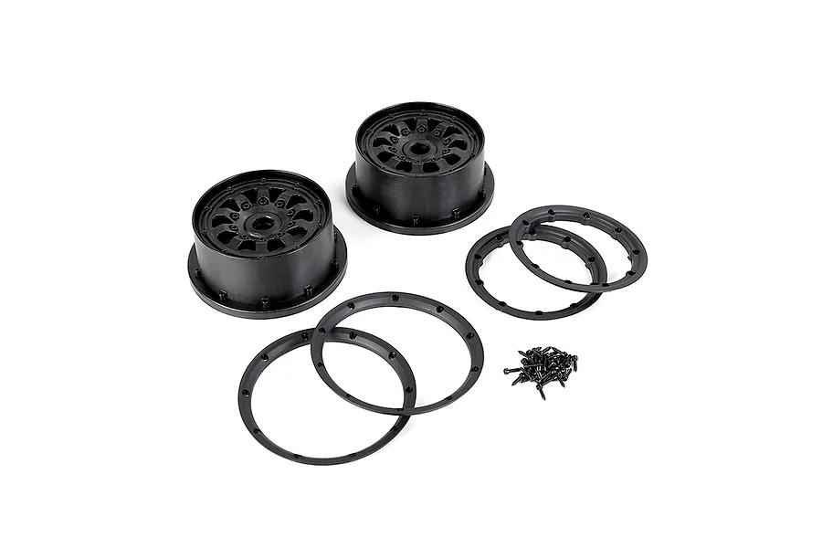 A set of two black Rovan Generation 4 RC wheel hubs with beadlock rings and mounting screws on a white background.