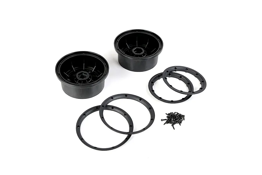 Rovan Generation 4 black beadlock wheel hub kit including two rims, two beadlock rings, and a set of mounting screws.