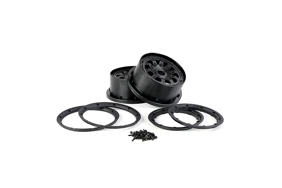 A set of black Rovan Generation 4 RC wheel hubs, including two wheel rims, four beadlock rings, and a small pile of mounting screws on a white background.