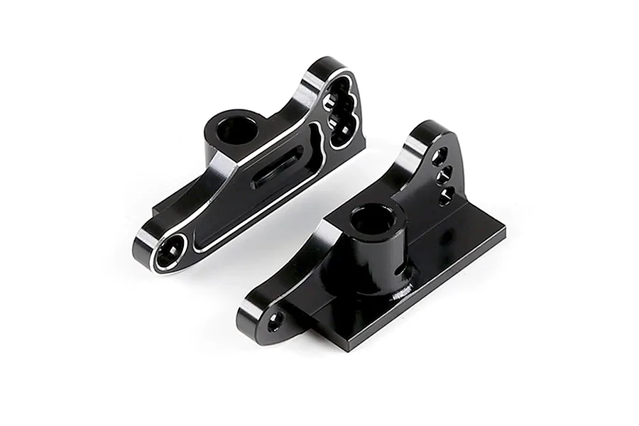Two black anodized aluminium RC rear wing mounts with machined silver edges on a white background.