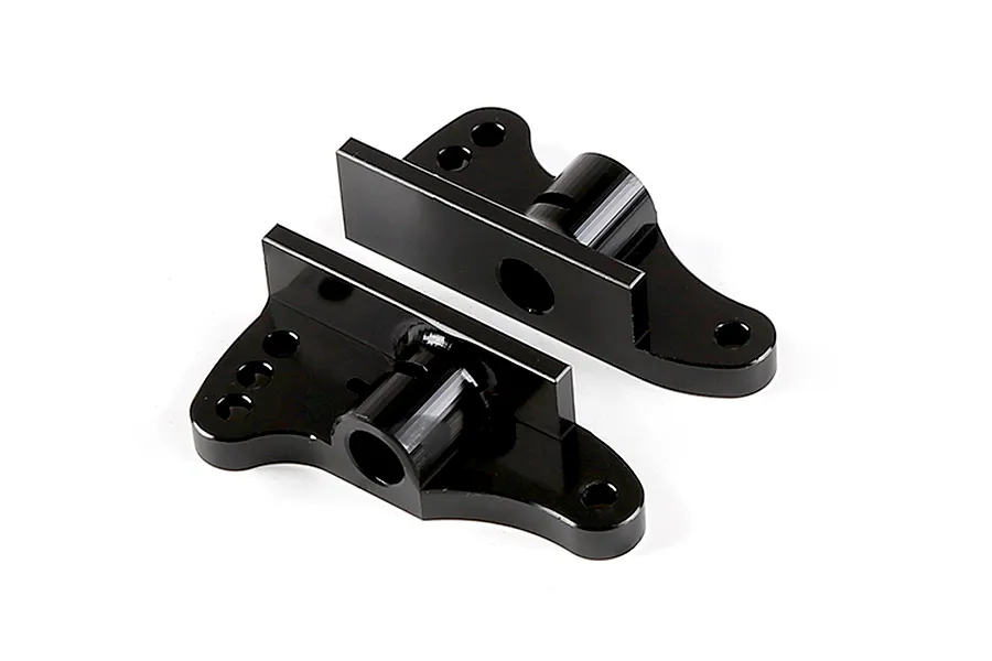 Two black aluminium RC rear wing mounts shown from a high angle against a white background.