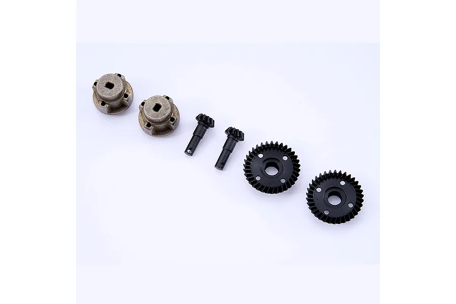 FMS front and rear axle gear set including two metal differential cups, two pinion gears, and two ring gears on a white background.