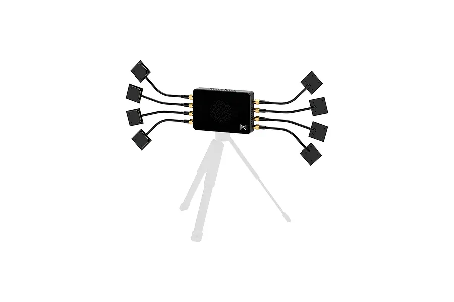 CaddxFPV Walksnail Avatar Video Repeater with eight external antennas mounted on a tripod.