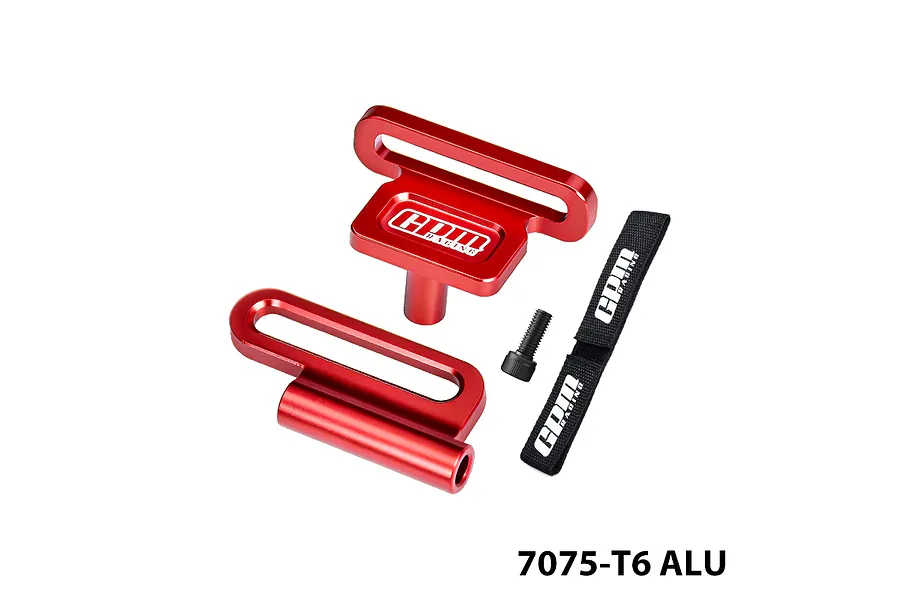 GPM red aluminium battery hold-down retainer and strap set with mounting screw against a white background.