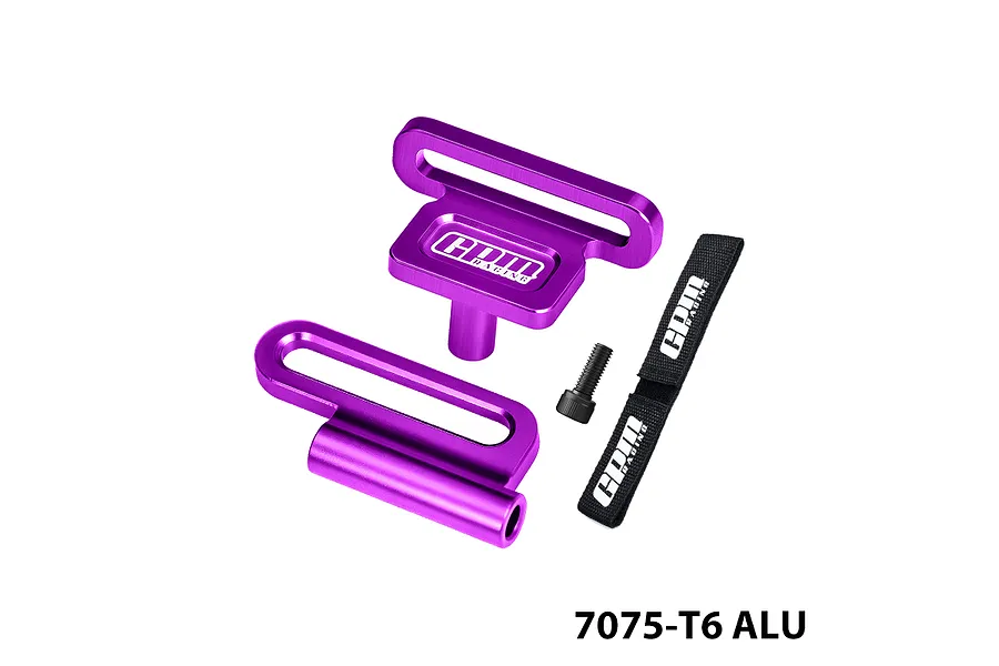Purple anodized aluminium battery retainers, mounting screw, black strap, and text overlay on white background.