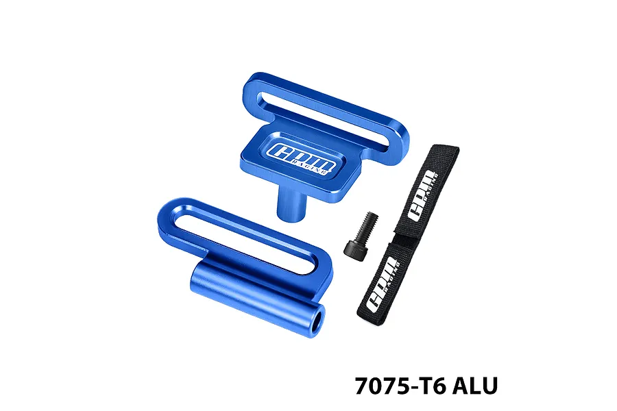 GPM blue aluminium battery hold-down retainer and strap set with black strap, screw, and 7075-T6 ALU text on a white background.