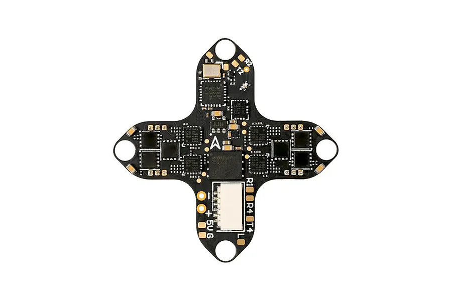 Top down studio view of the BetaFPV Matrix 1S Brushless Flight Controller featuring surface mounted components on a black printed circuit board.