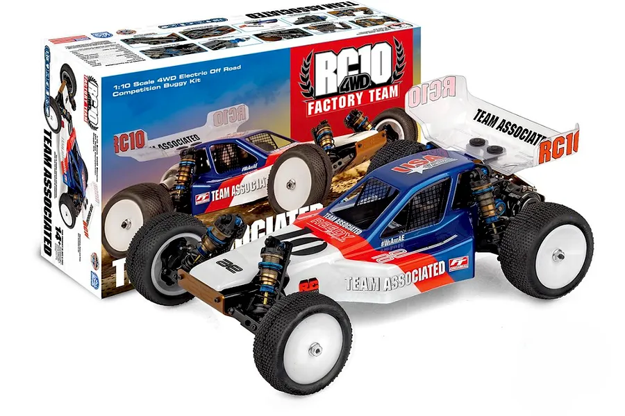 Team Associated RC10 4WD Factory Team 1/10 scale electric buggy kit in front of its colourful product packaging box.