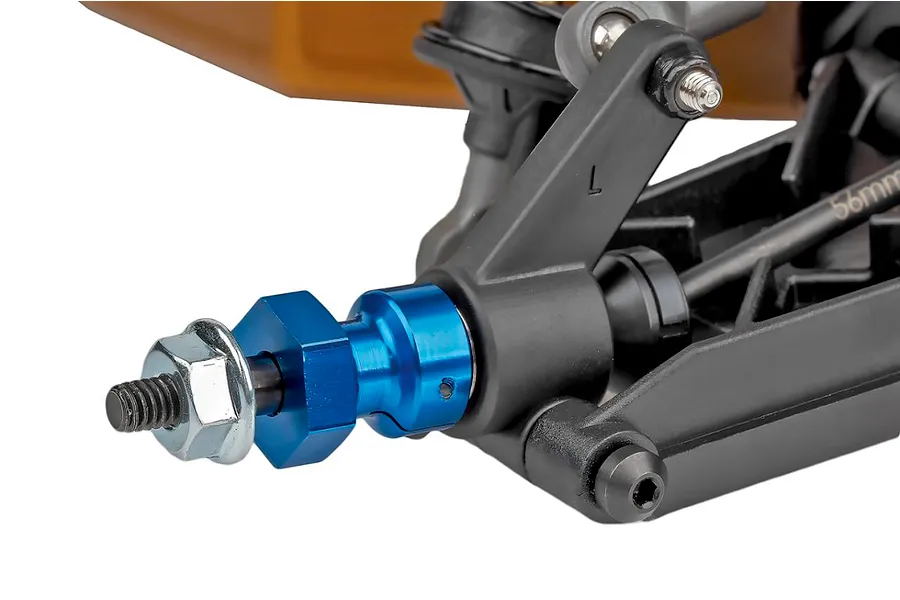 Close-up studio view of the front suspension, blue wheel hex, and axle assembly on the Team Associated RC10 bugggy.