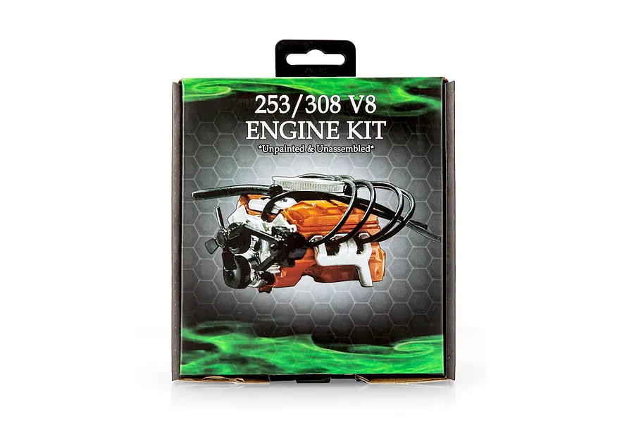 DDA Collectables 253/308 V8 Engine Kit packaging showing an assembled and painted engine model against a green and dark hexagonal background.