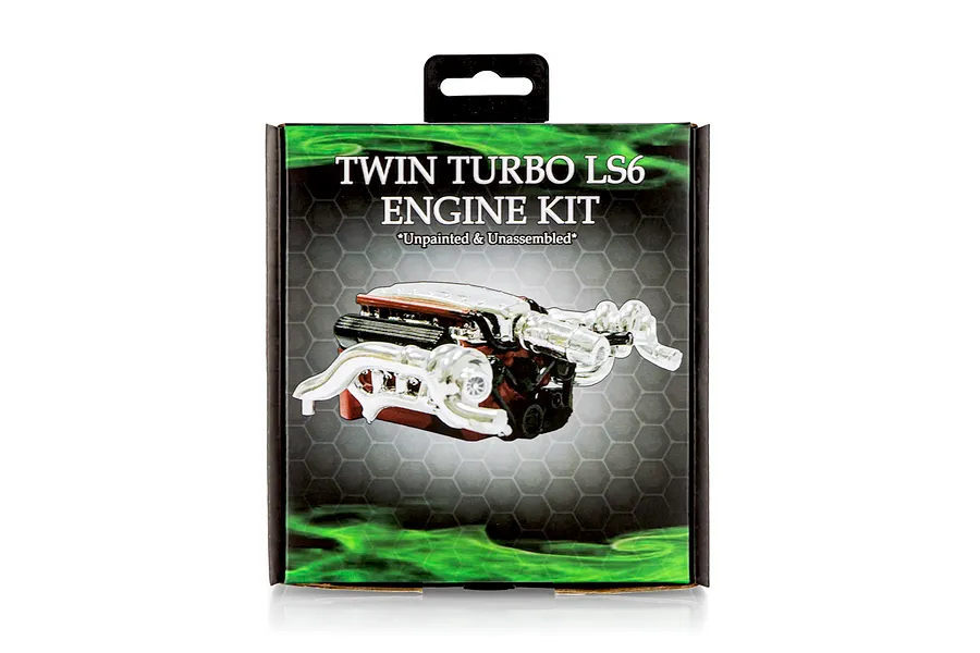 Retail packaging for the DDA Twin Turbo LS6 Engine Kit model, featuring an illustration of the engine set against a green and black hexagonal background.