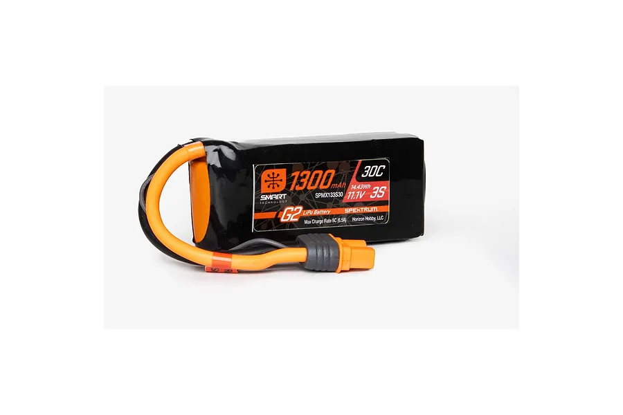 Spektrum G2 11.1V 1300mAh 30C 3S soft case LiPo battery with IC3 connector on a white background.