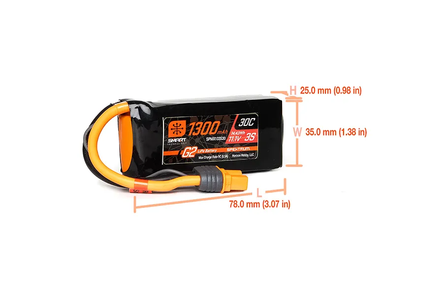 Spektrum G2 11.1V 1300mAh 3S LiPo battery with dimension overlay showing length, width, and height measurements.
