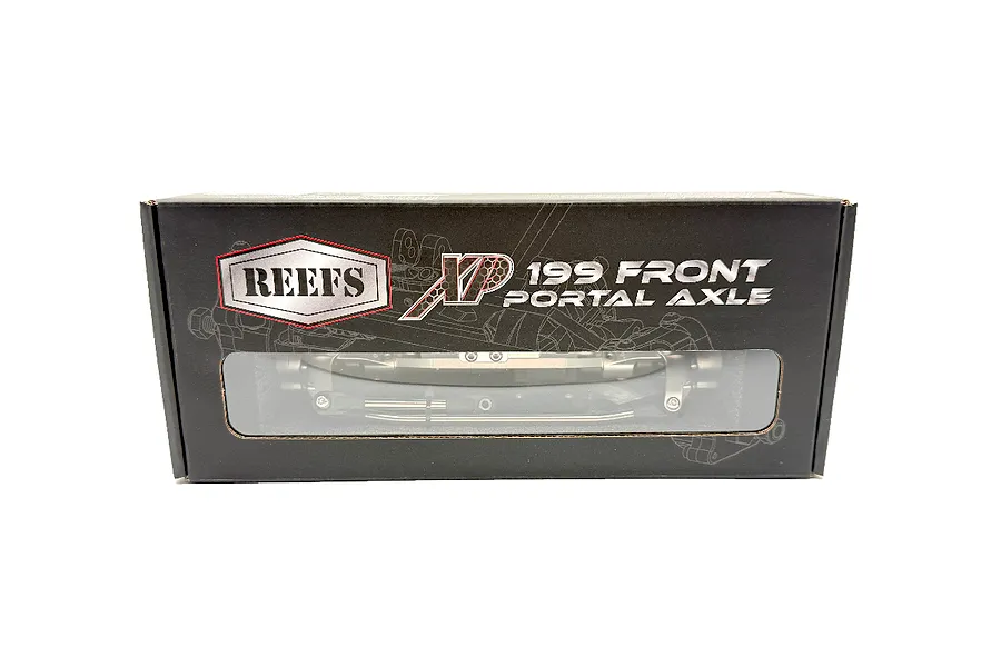 Reefs RC Aluminium XP199 Front Portal Axle Set in its black retail packaging box with a clear display window.