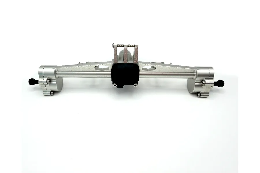 Reefs RC Aluminium XP199 Rear Portal Axle Set in silver with black center differential cover, shown on a white background.