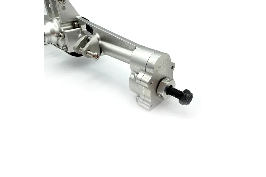 Close-up view of the silver aluminium rear portal axle set for RC vehicles, showcasing metal housing, fasteners, and axle shaft against a white background.
