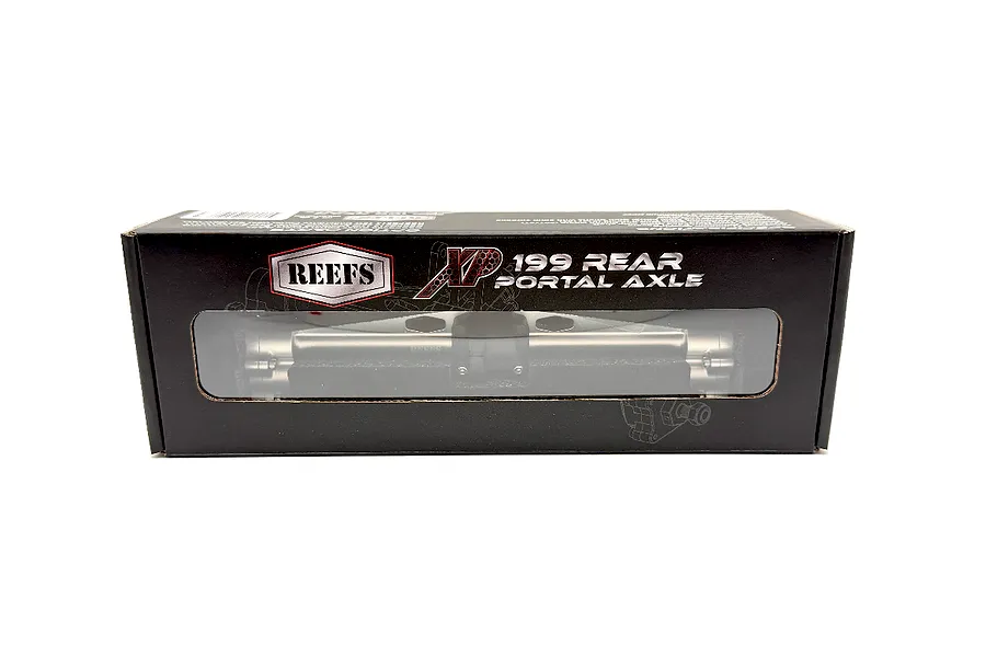 Reefs RC Aluminium XP199 Rear Portal Axle Set in its black product packaging box against a white background.