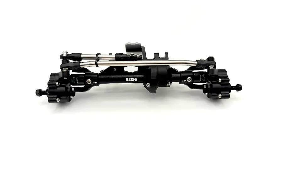 Reefs RC Aluminium XP199 Front Portal Axle Set in black, shown against a plain white studio background.