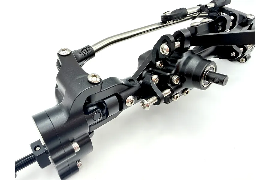 Reefs RC Aluminium XP199 Front Portal Axle Set in black, showing the assembled metal housing and steering linkage against a white background.