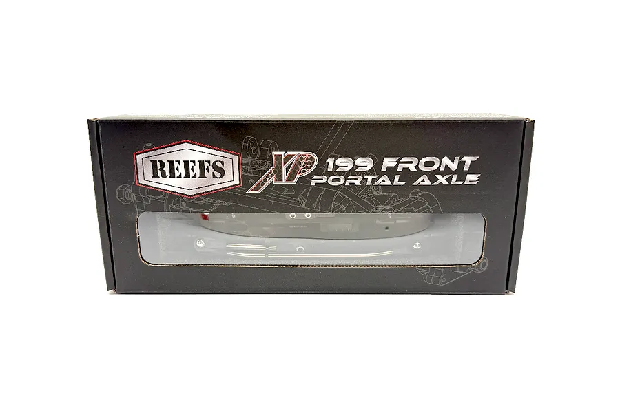 Reefs RC Aluminium XP199 Front Portal Axle Set in black product packaging box against a white background.