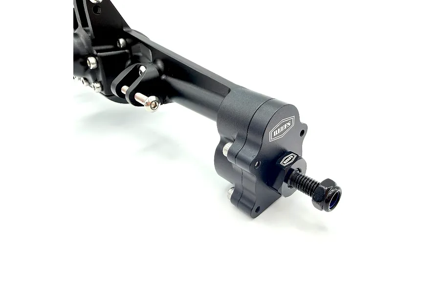 Close-up of the black aluminium rear portal axle set showing the portal housing, hex adapter, and branding.